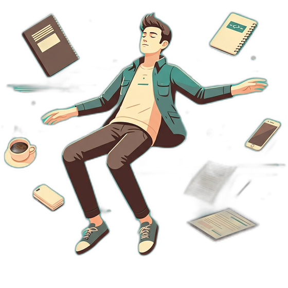 Illustration of a man floating weightlessly among a laptop, phone, coffee, notebooks and documents